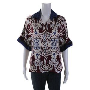 R.G. Kane Womens Button Front Collared Floral Shirt Red White Blue Size Small